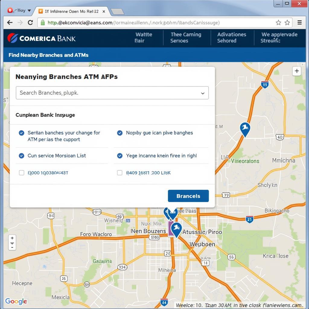 Screenshot of Comerica Bank's website location finder tool