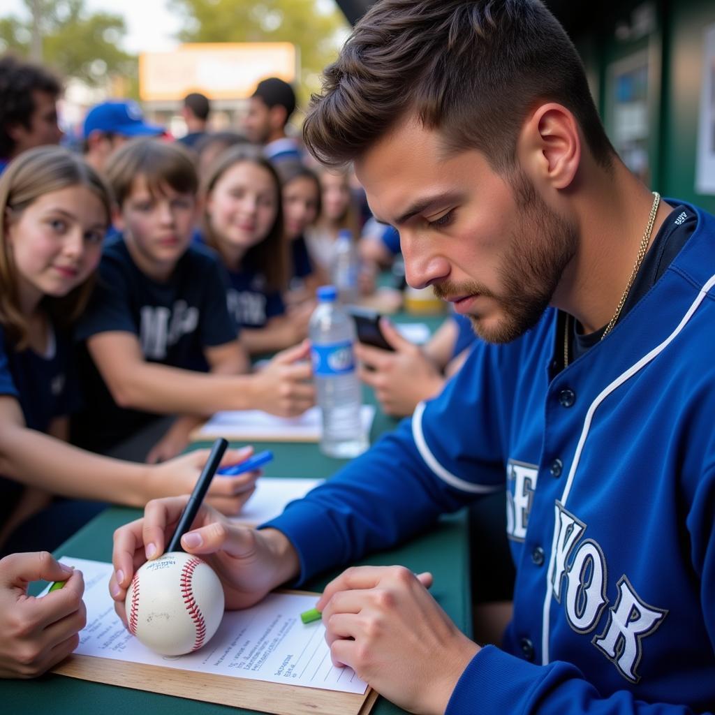 Corey Seager signing baseballs for fans