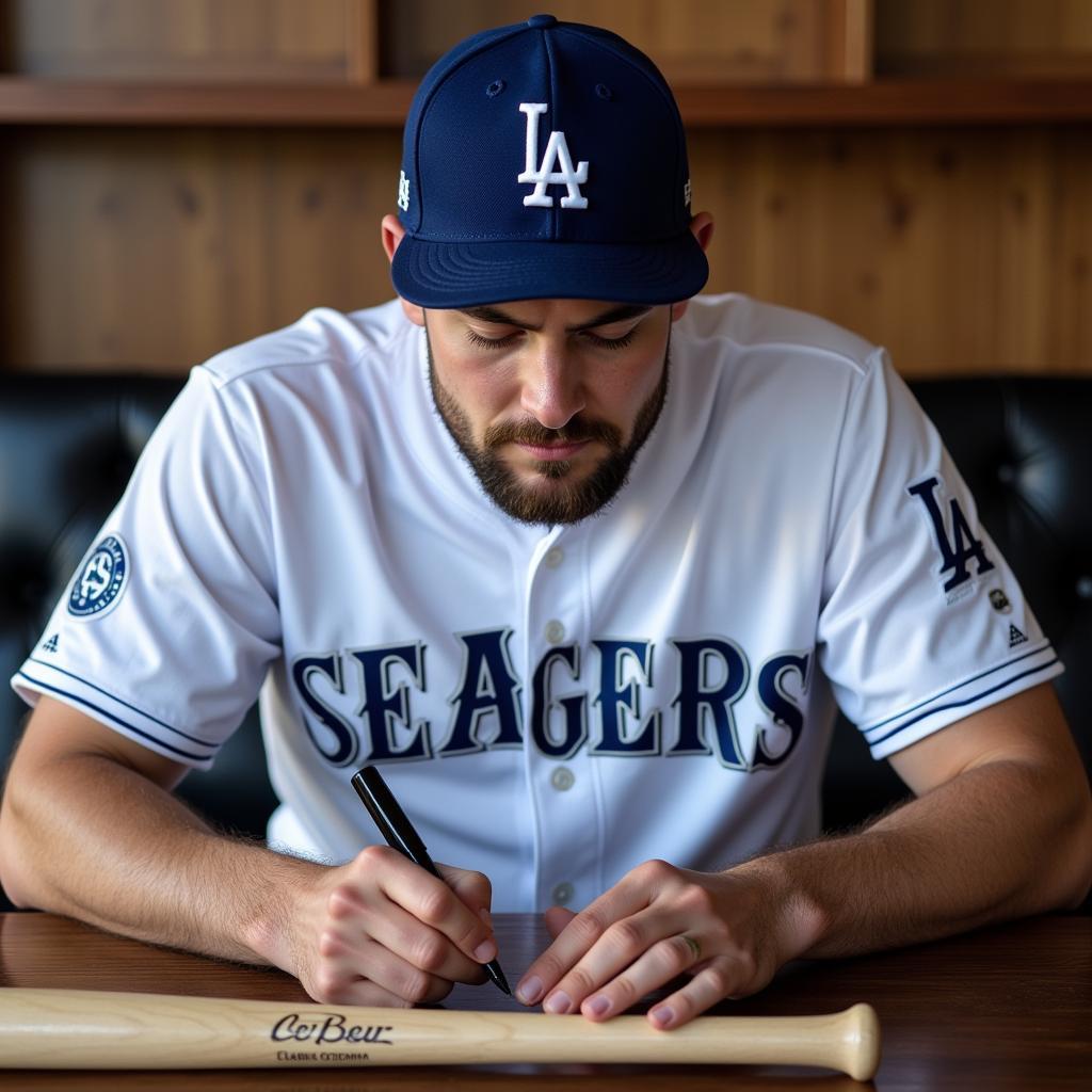 Corey Seager signing a baseball bat