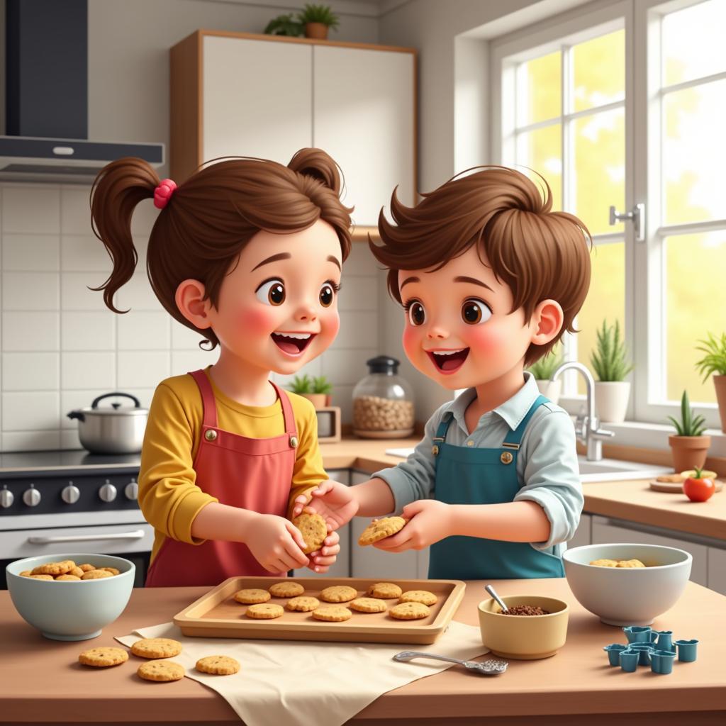 Cousins baking cookies together in a kitchen