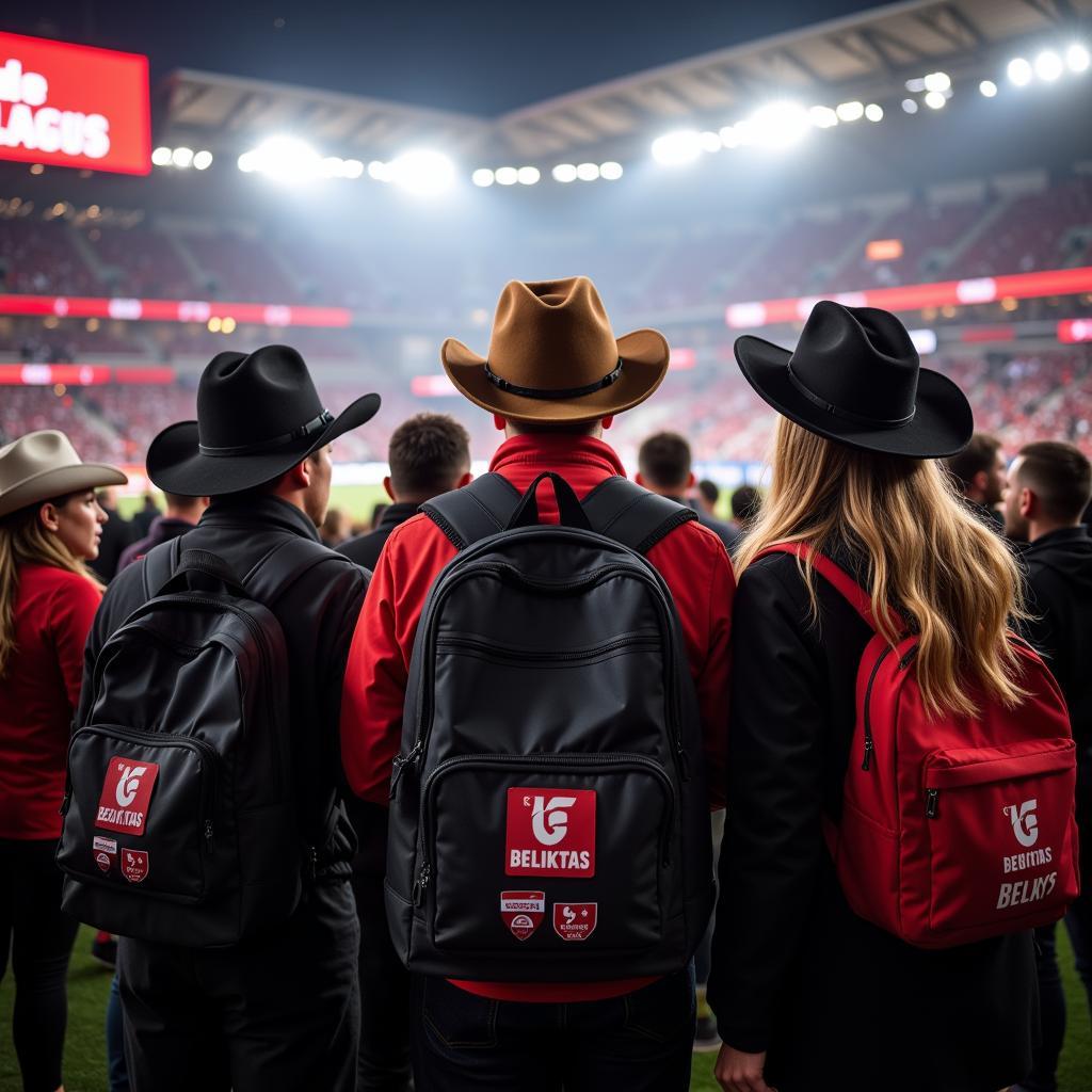 Besiktas fans with cowboy hat backpacks at a match