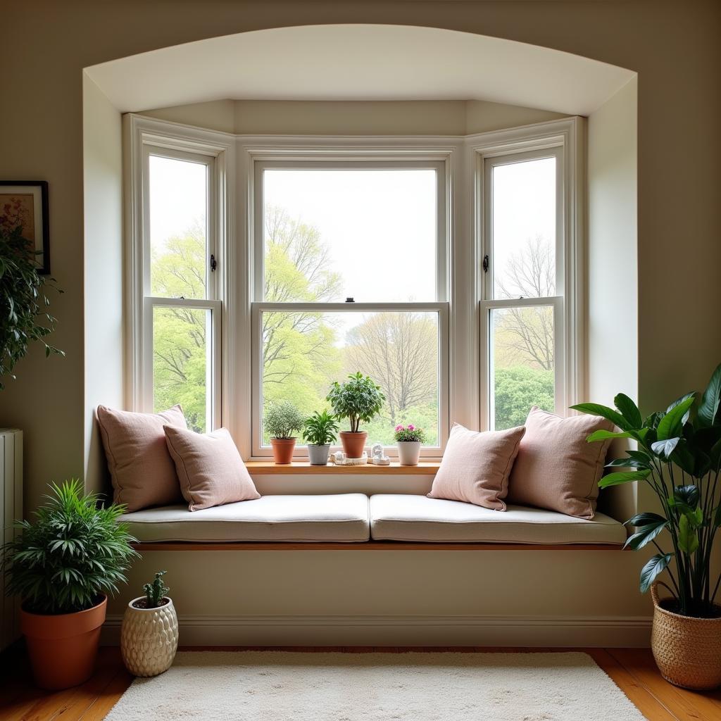 Creating a relaxing atmosphere in your cushion bay window with lighting, plants, and accessories.