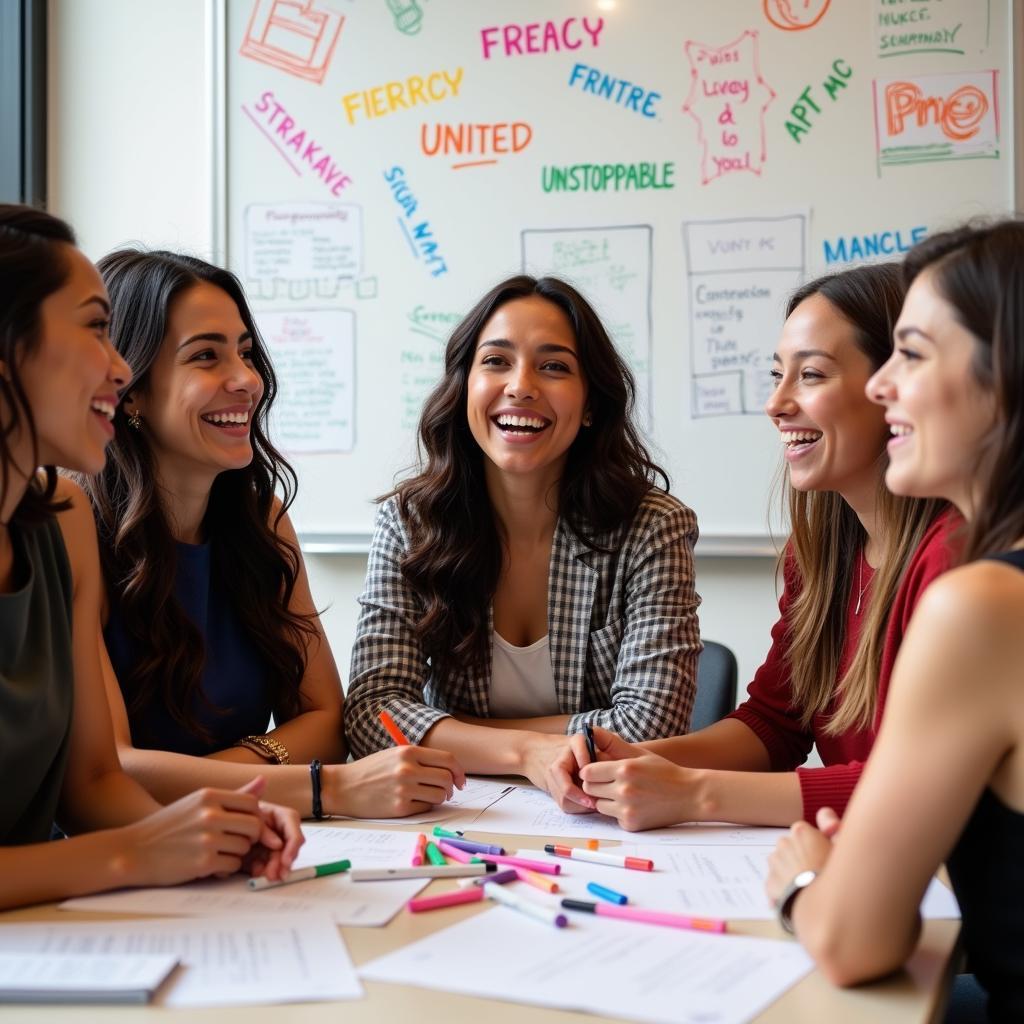 Group of girls brainstorming creative names on a whiteboard