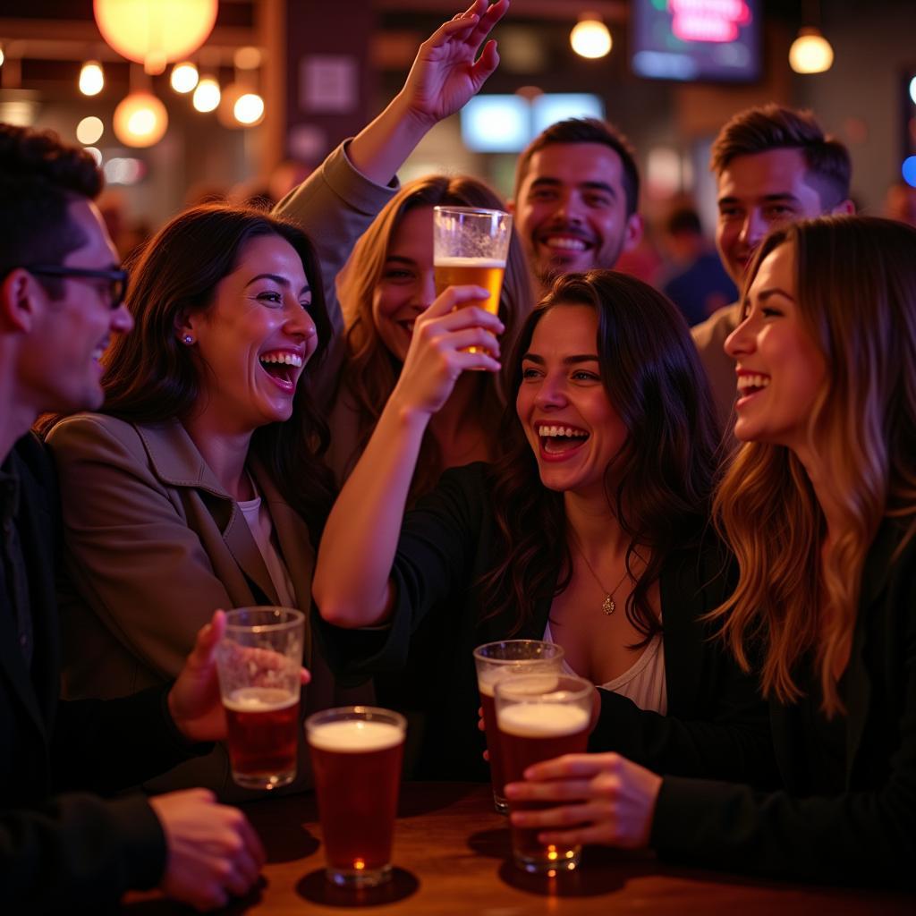 Group of friends celebrating their trivia team victory with excitement