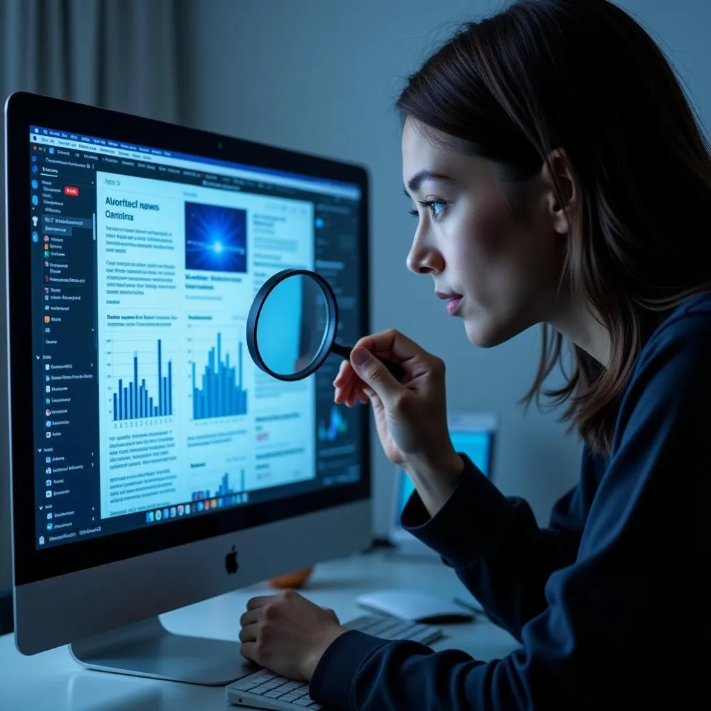 A person using a magnifying glass to analyze information on a computer screen