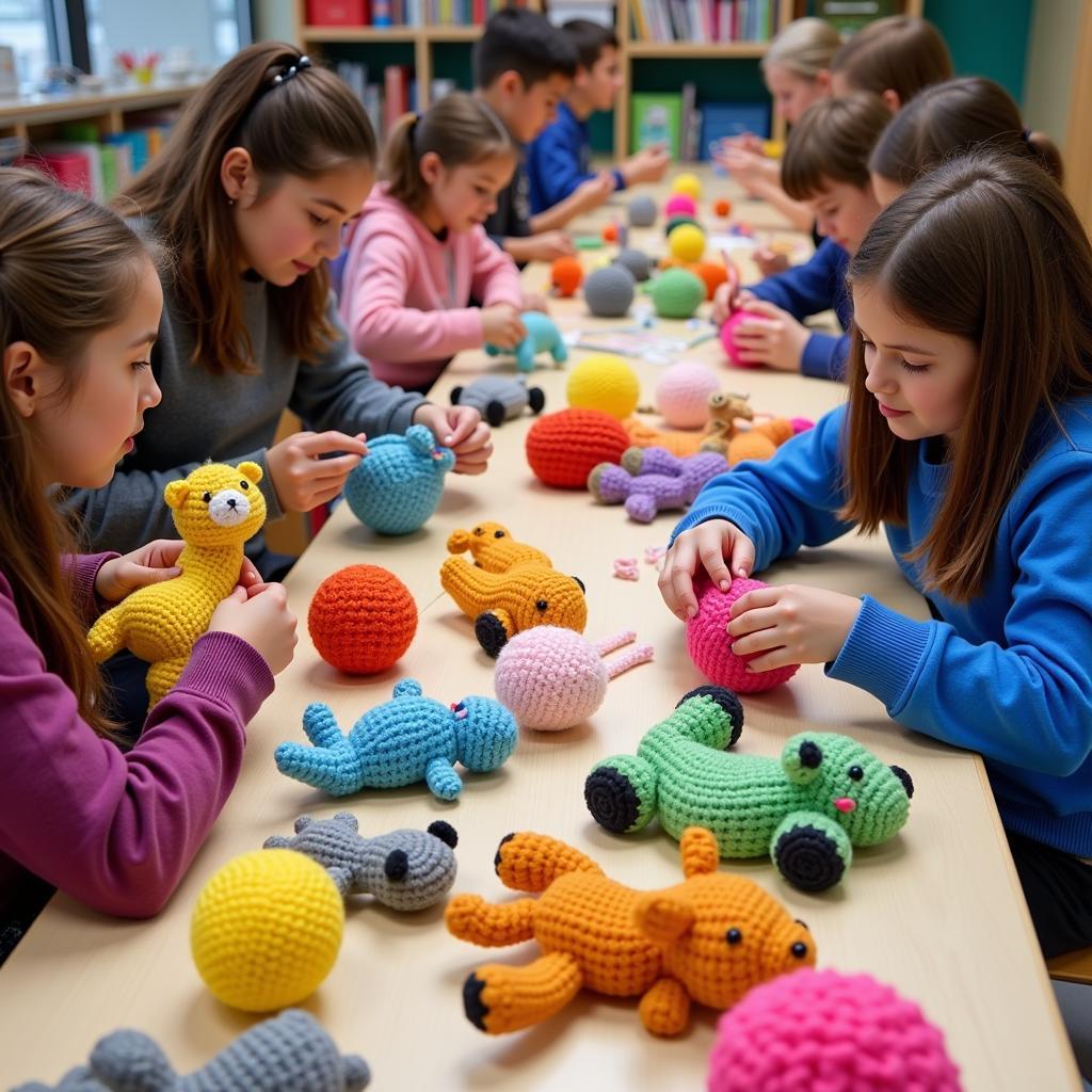 Students in an Atlanta crochet class working on colorful amigurumi projects