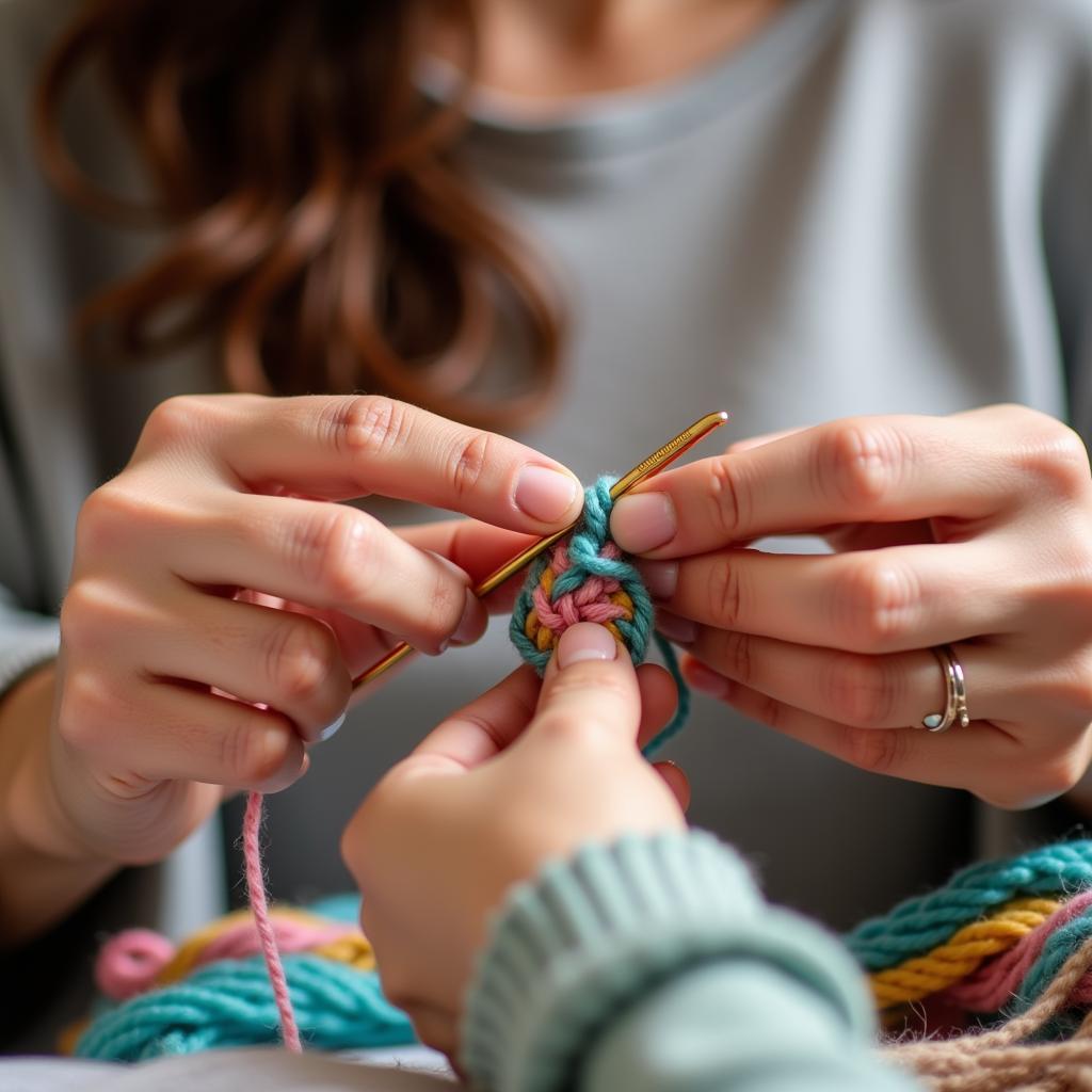 Close-up shot of a crochet teacher's hands demonstrating a stitch to a student