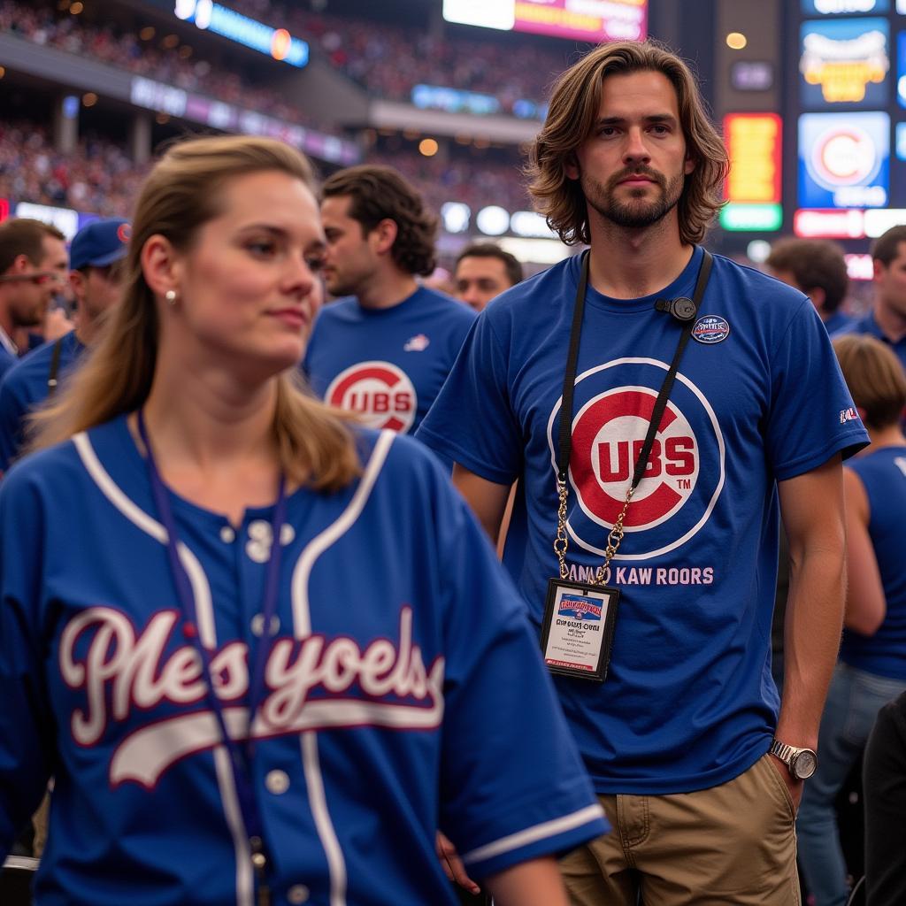 A Cubs fan proudly wearing a World Series tee shirt at Wrigley Field.