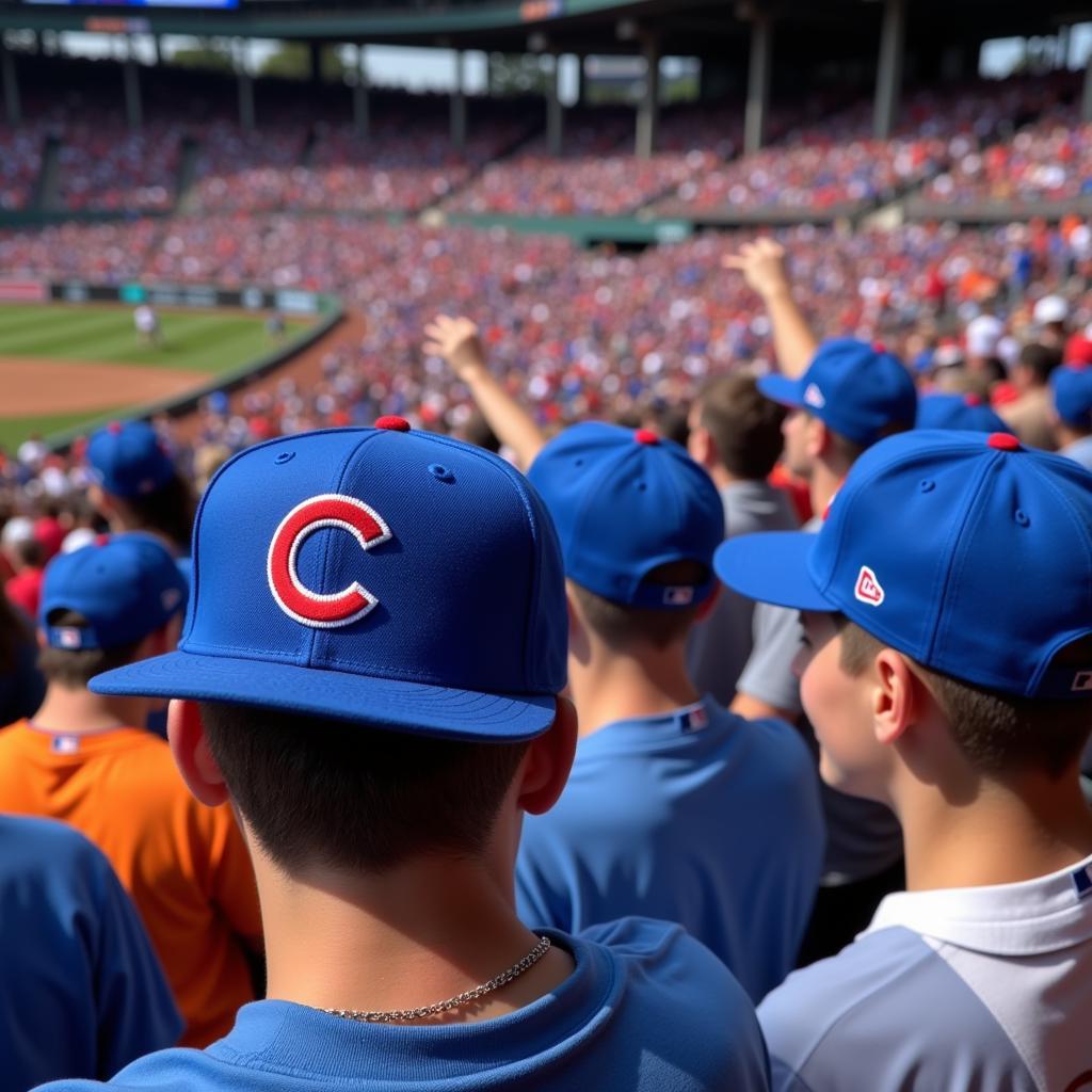 Fans wearing cubs light blue hats at Wrigley Field, cheering for the Chicago Cubs.