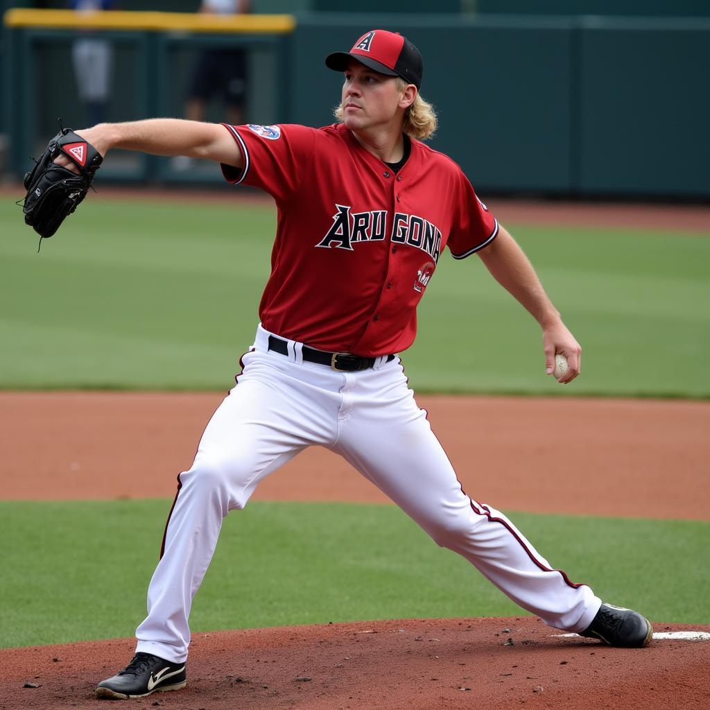 Curt Schilling pitching in his Arizona Diamondbacks jersey during a game