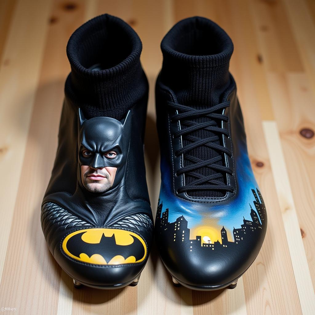 Custom-made football cleats with a detailed Batman theme