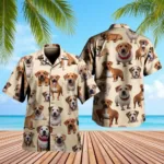 Colorful custom Hawaiian shirts featuring different dog breeds.