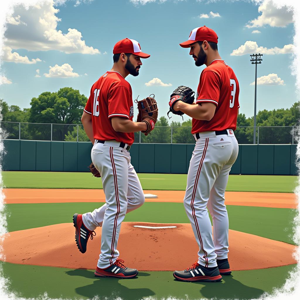 A college baseball pitcher working on his pitching mechanics with a coach