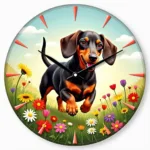 Colorful dachshund wall clock with playful illustration