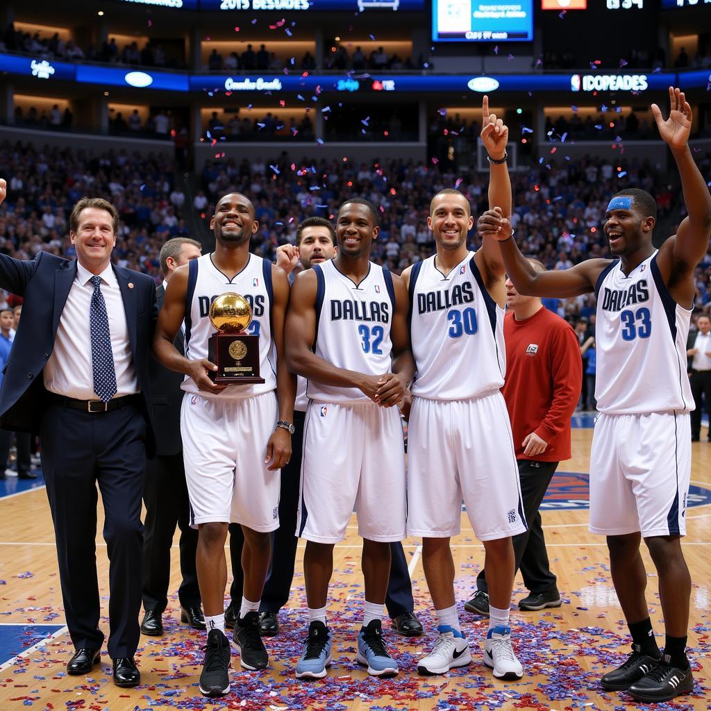 The Dallas Mavericks team celebrates their hard-fought NBA Championship win, showcasing the jubilant atmosphere on the court