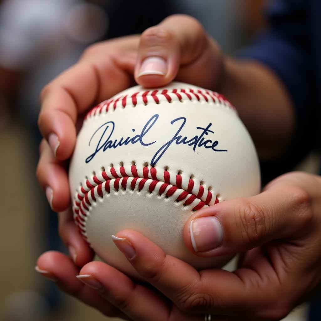 David Justice signing a baseball