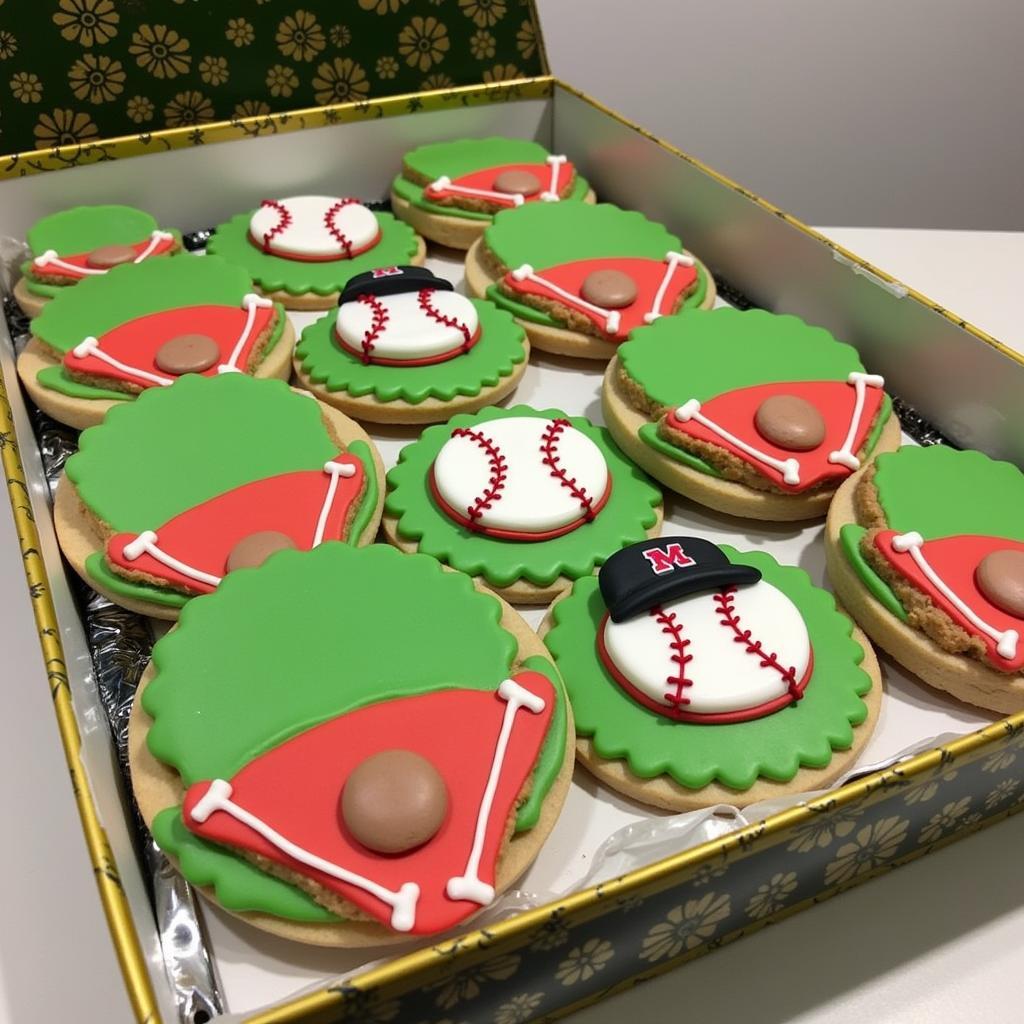 Box of decorated baseball field cookies