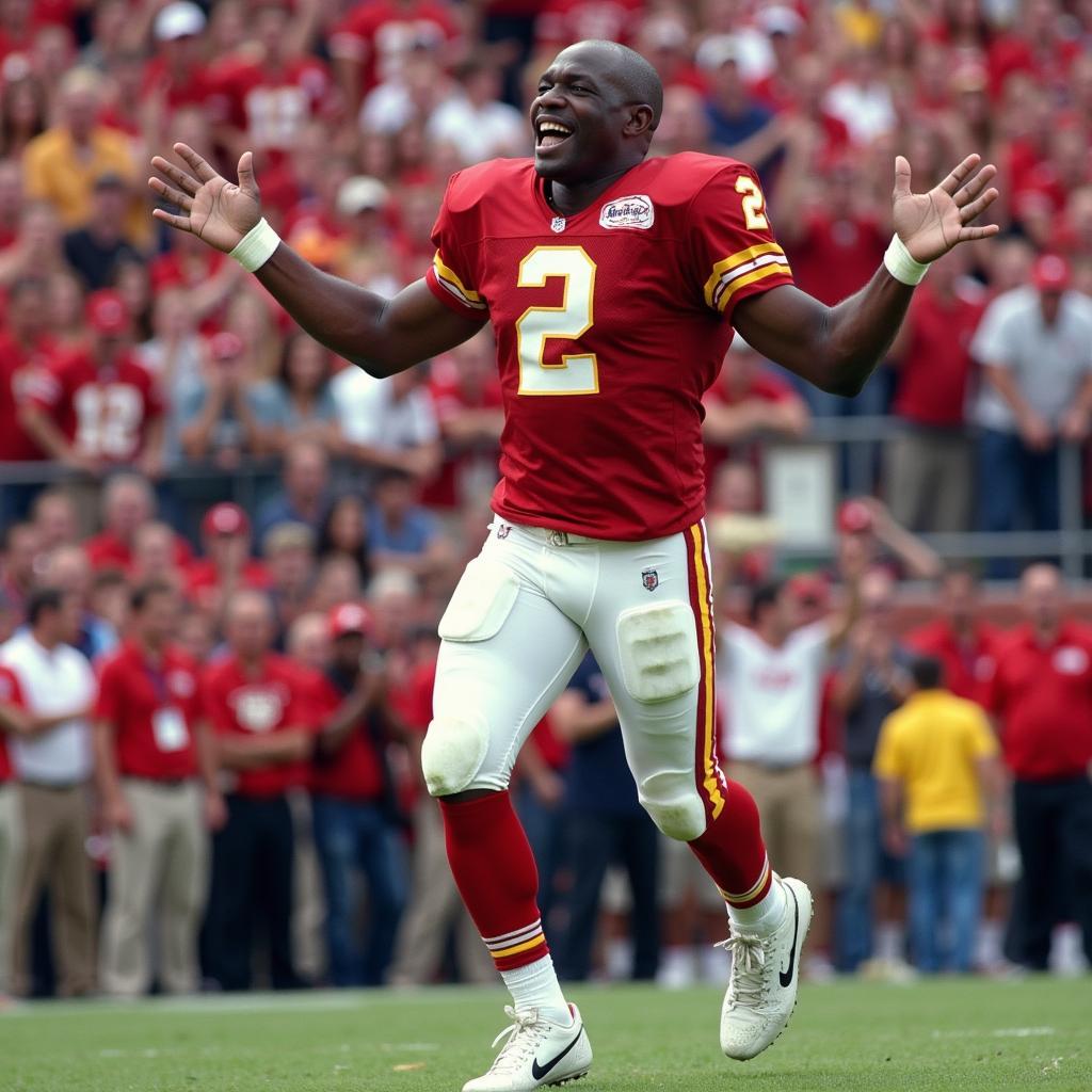 Deion Sanders celebrating a touchdown in his #2 reds jersey