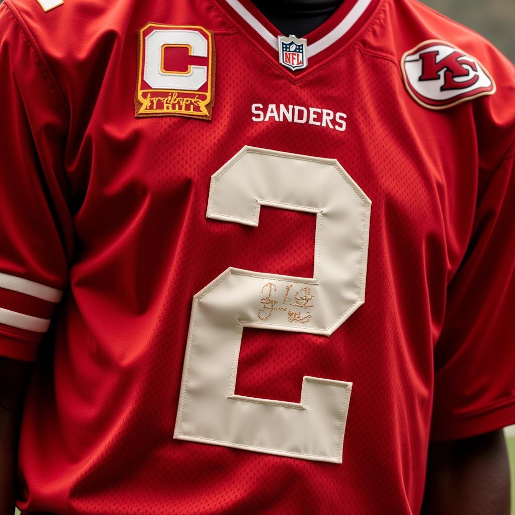 Close-up of Deion Sanders' #2 reds jersey