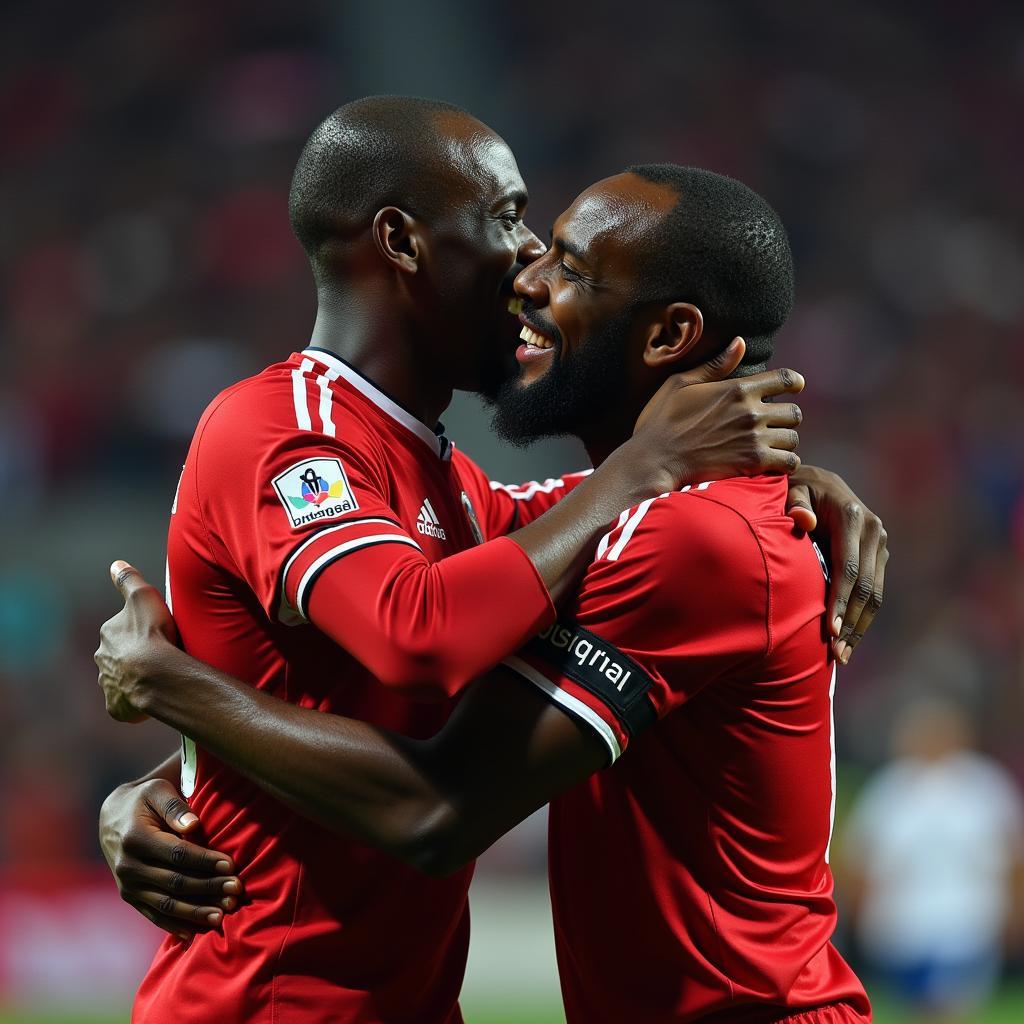 Demba Ba and Ryan Babel embrace in celebration after a Beşiktaş victory