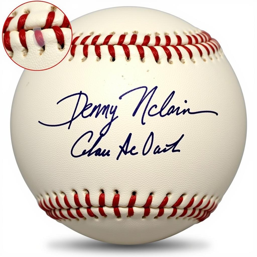 Close-up of Denny McLain's signature on a baseball