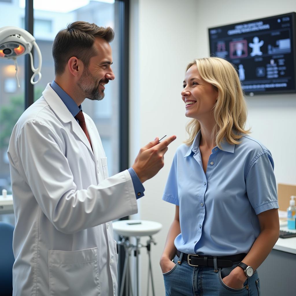 A dentist and patient having a consultation in a dental office