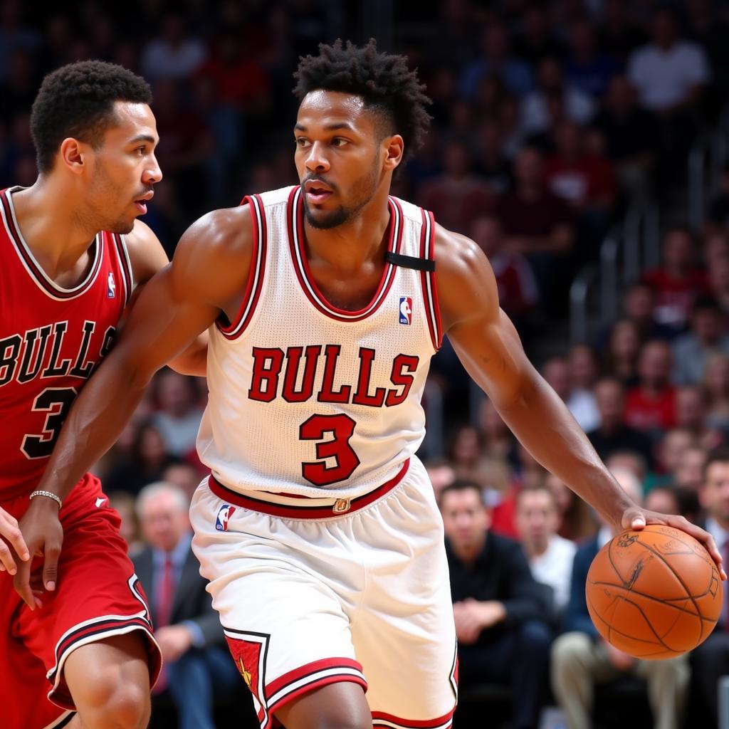 Derrick Rose in his white Chicago Bulls jersey during a game