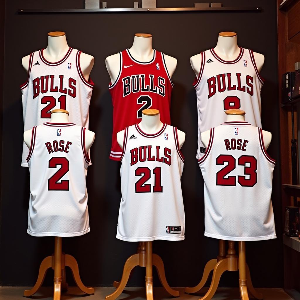 A collection of Derrick Rose jerseys, including the white Bulls jersey, displayed on mannequins