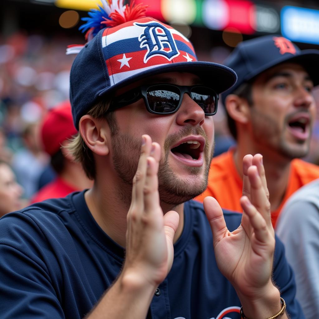 Detroit Tigers Fan Sporting a Fourth of July Hat at a Baseball Game