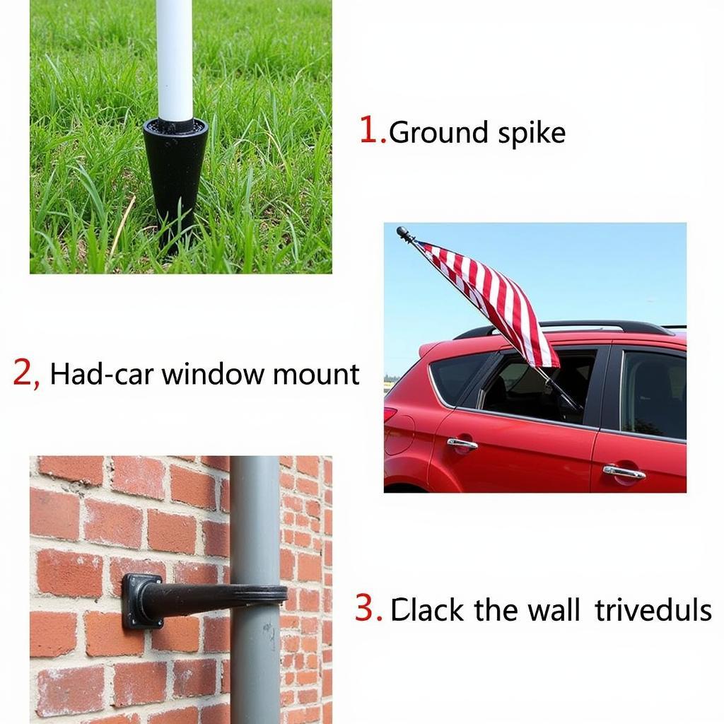 A variety of bases for 5 foot flagpoles, including ground spikes, car mounts, and wall mounts.