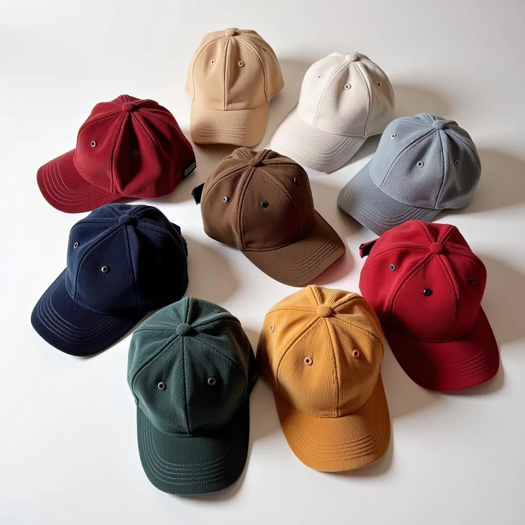 A collection of corduroy baseball hats in various colors and wale sizes