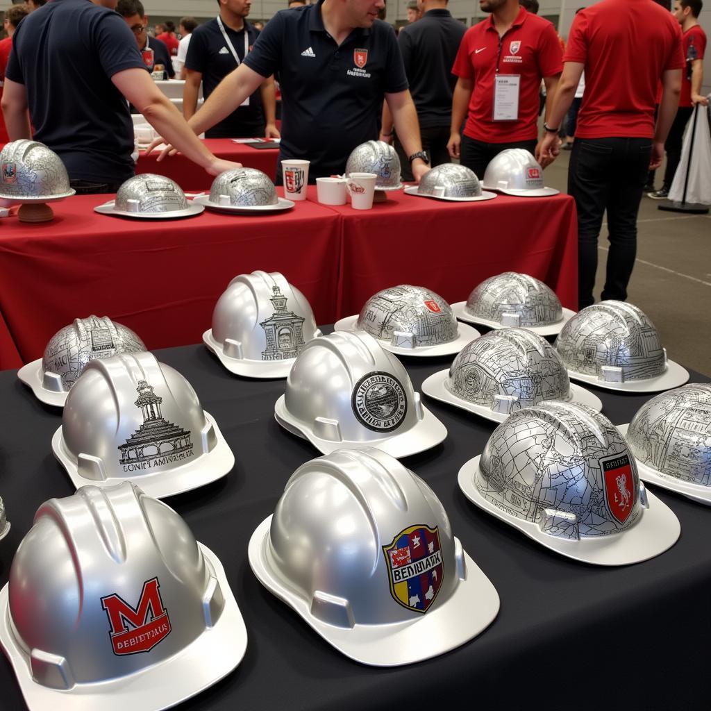 A variety of engraved aluminum hard hats featuring different Besiktas-themed designs.