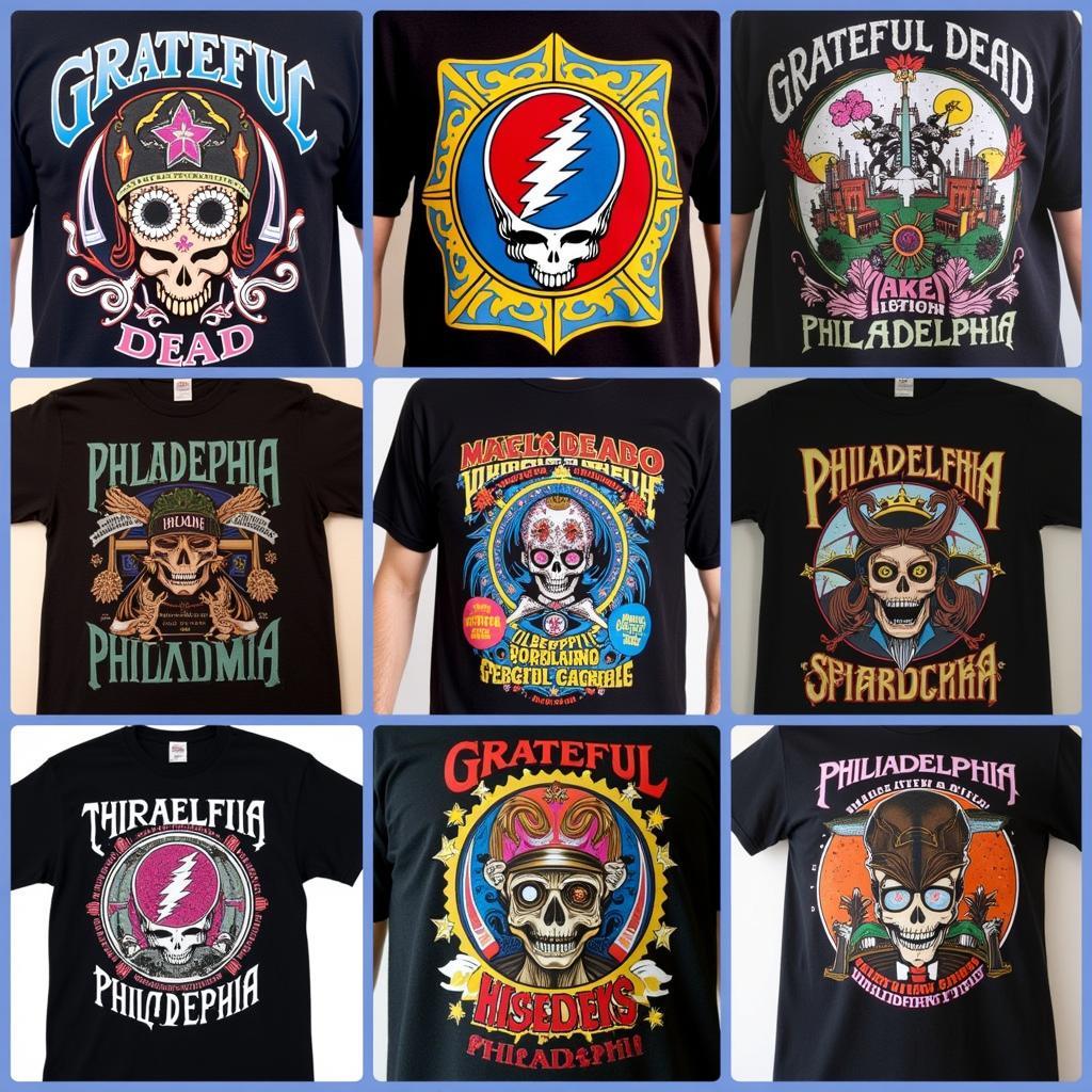 A variety of Grateful Dead Philadelphia shirt designs.