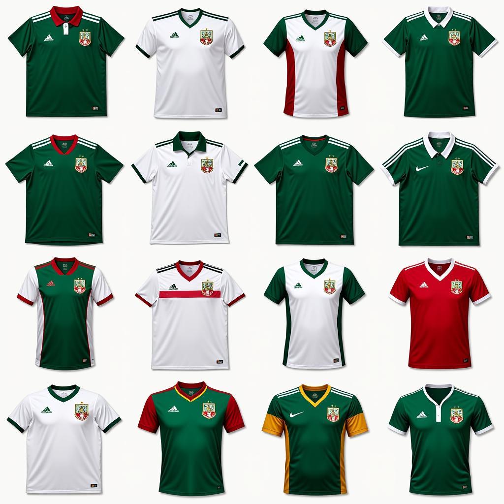 Various styles of Mexico replica jerseys, including home, away, and vintage designs.