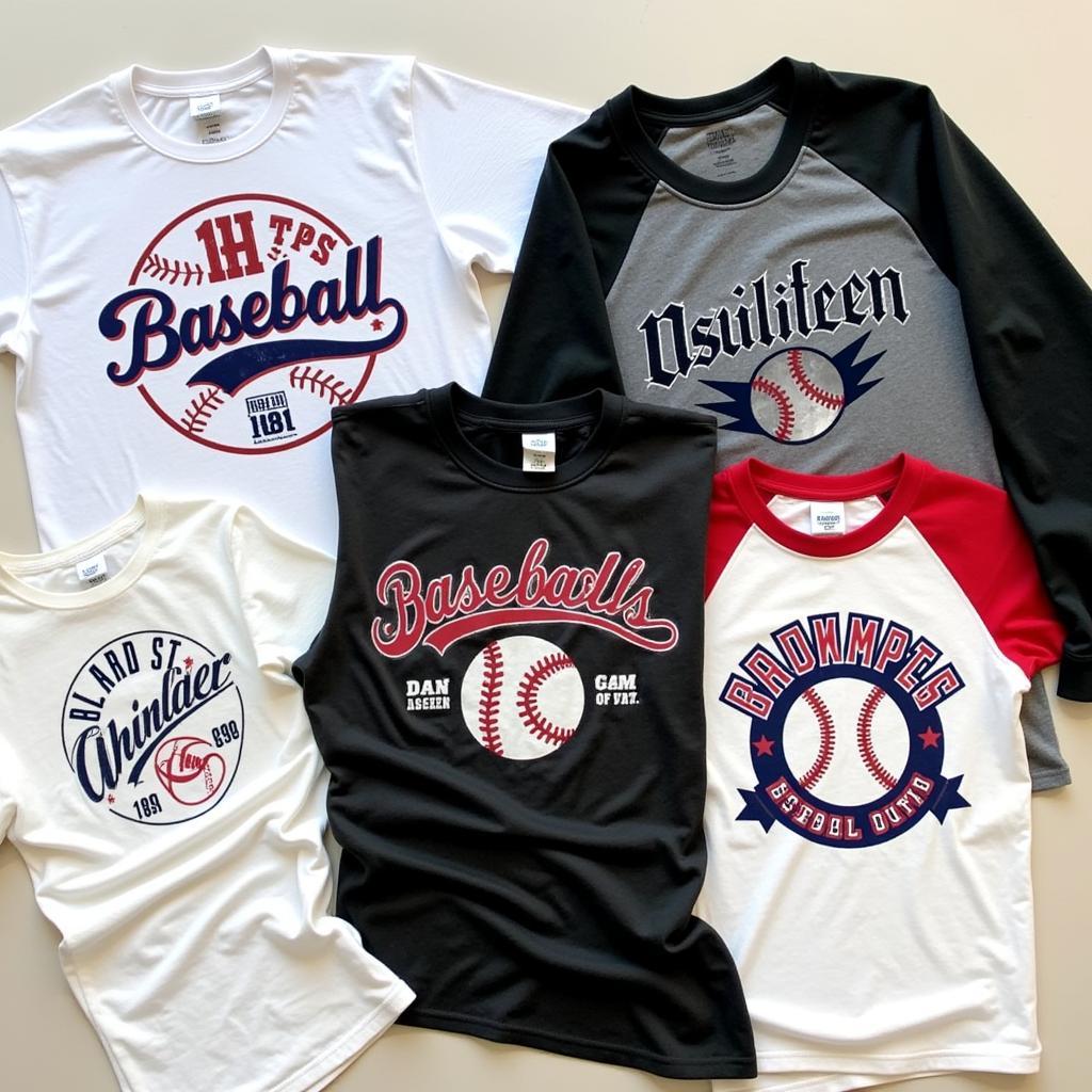 Several different styles of baseball band shirts laid out.