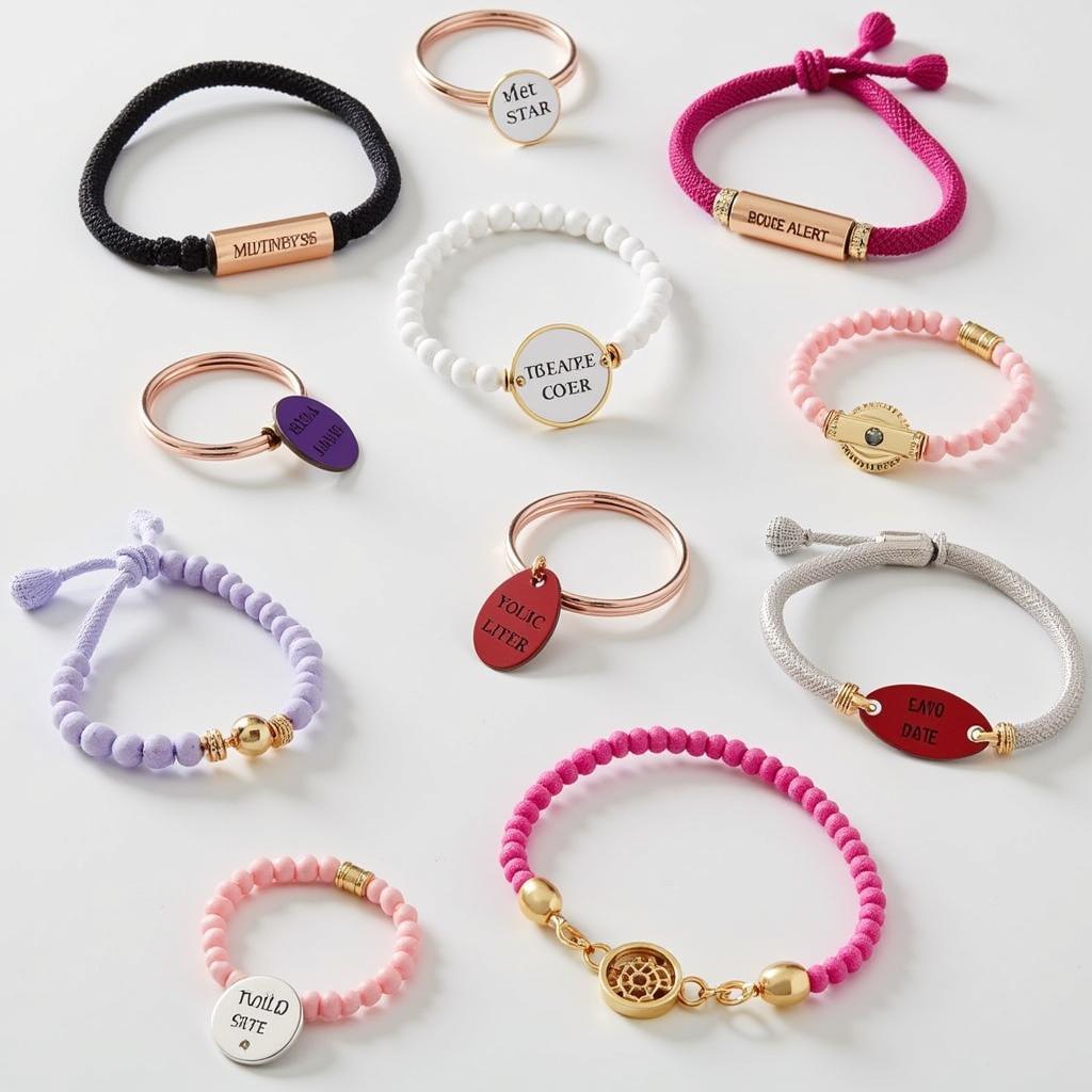 An assortment of breast cancer medical alert bracelets in different styles