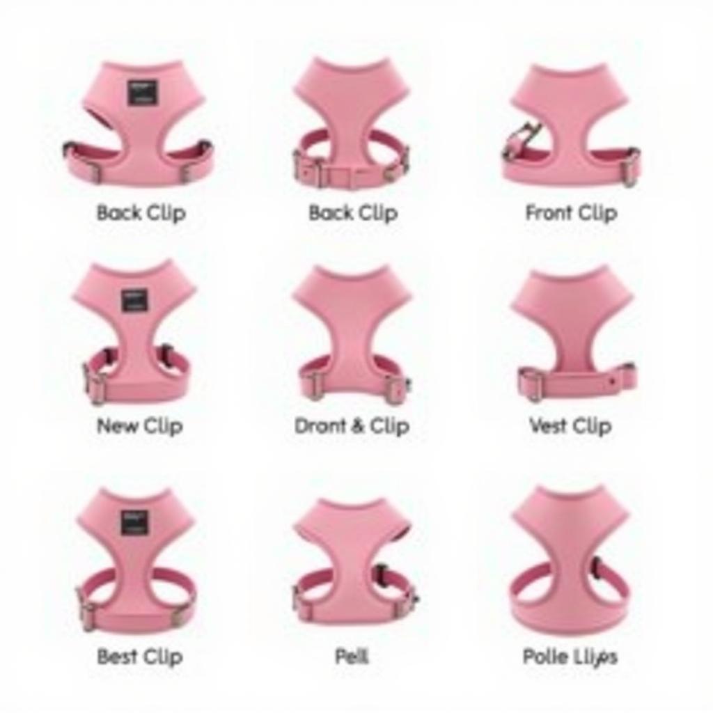 Various styles of light pink dog harnesses: back-clip, front-clip, and vest