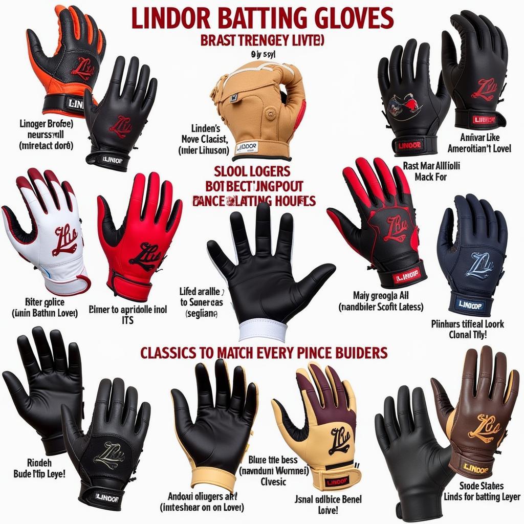 A collection of different Lindor batting glove designs, showcasing the range of styles and colors available