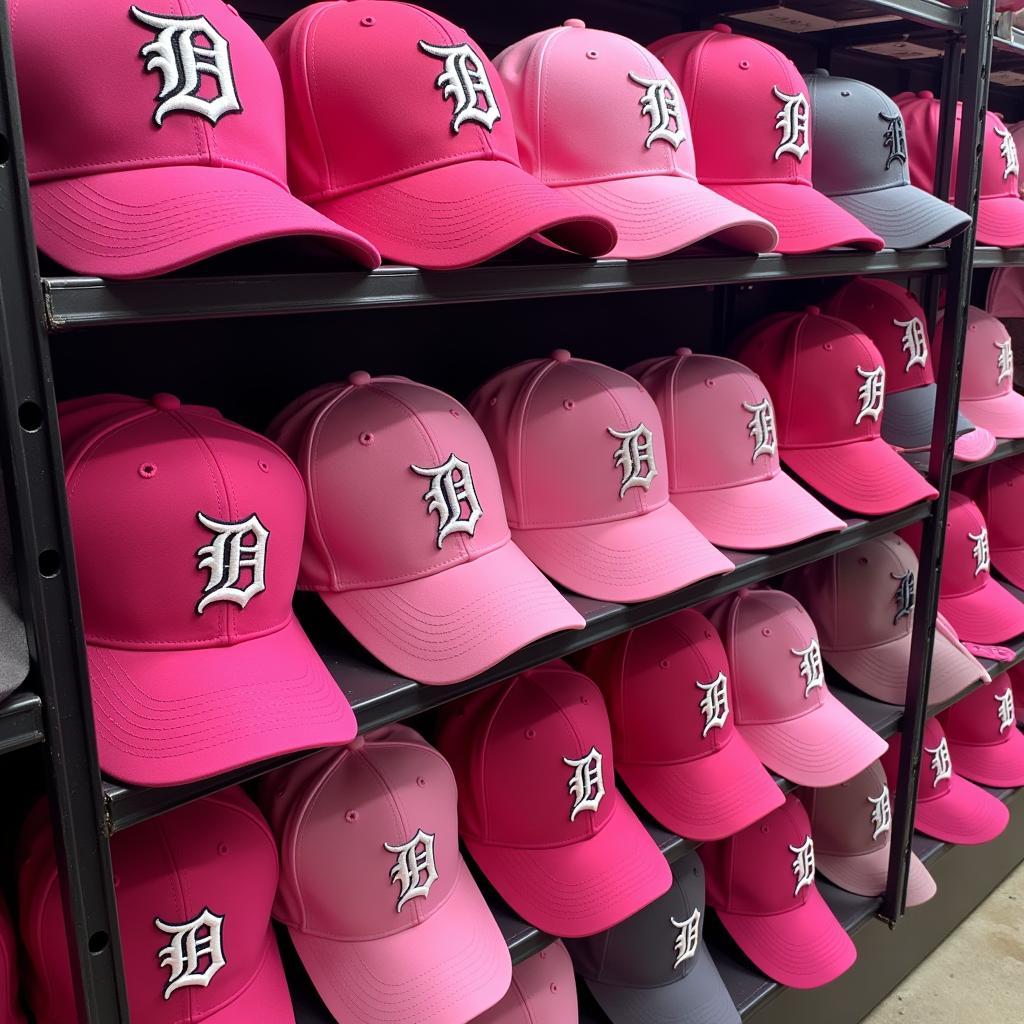 Pink Detroit Tigers Hats on Display