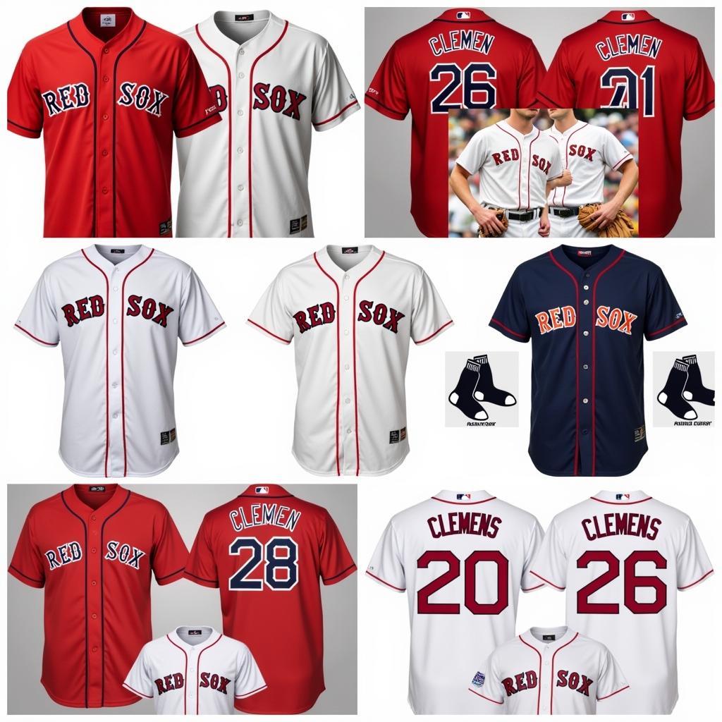 A display of various Roger Clemens Red Sox jerseys, showcasing the evolution of styles over the years.