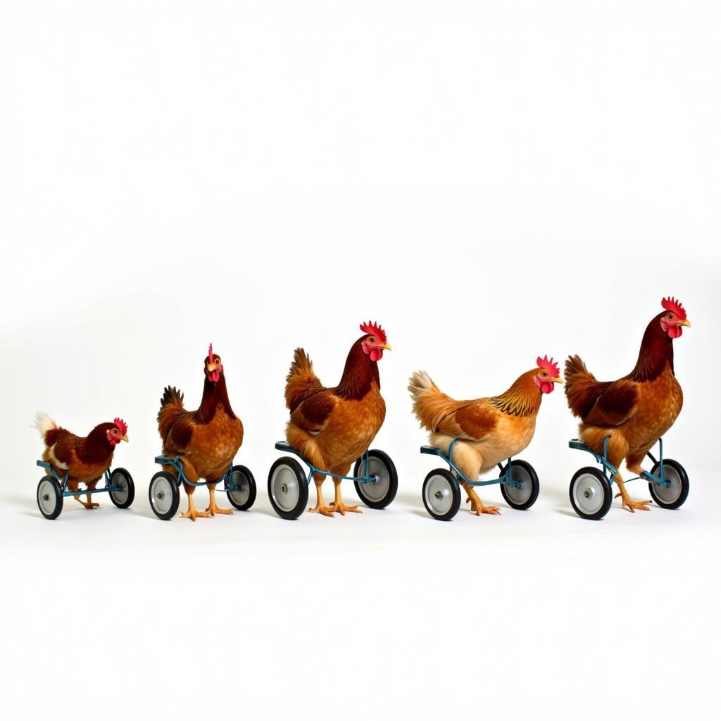 Variety of chicken wheelchairs in different sizes and materials.