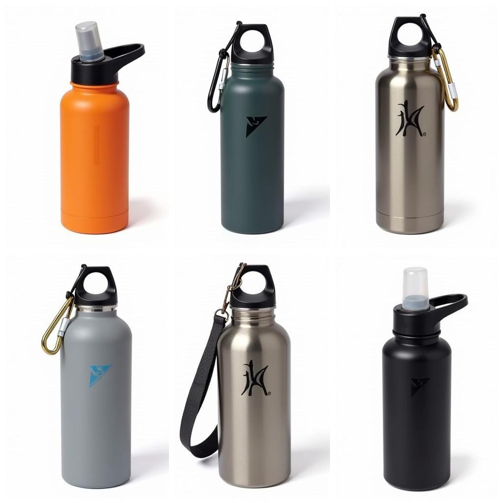 Various rock climbing water bottles on display