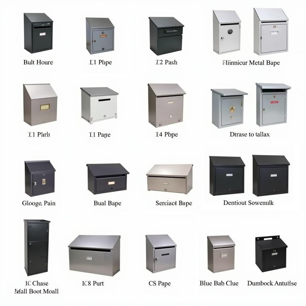 Various styles of metal mailboxes, including wall-mounted, post-mounted, and freestanding models.