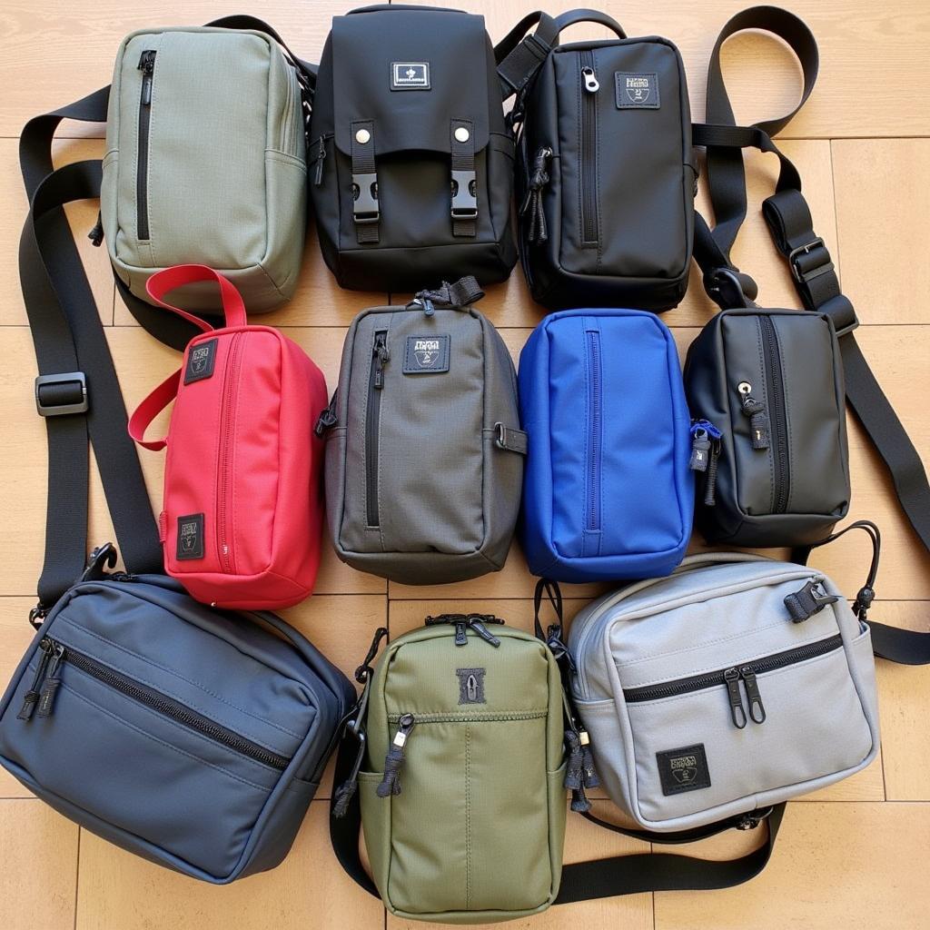 An array of sling bags in different sizes, colors, and materials, showcasing the variety available