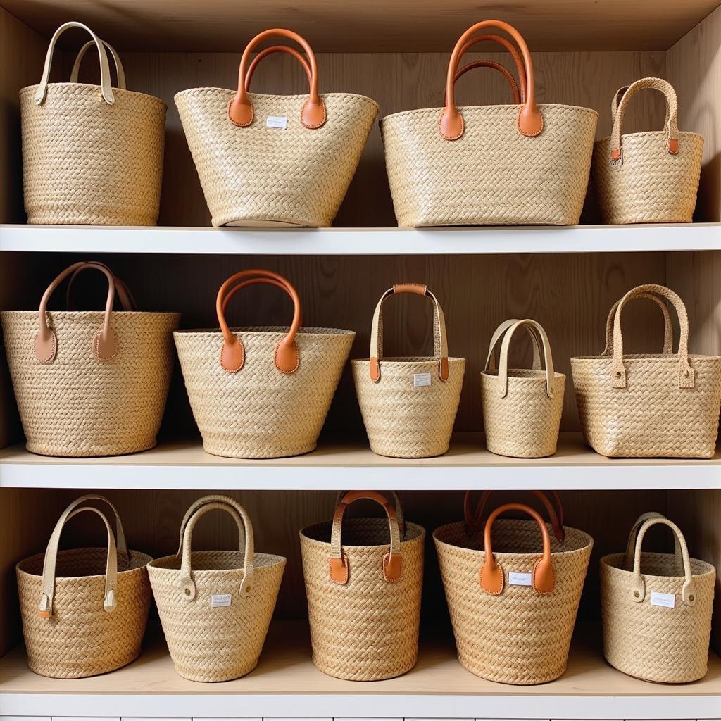  Various straw cooler bags displayed on a shelf 