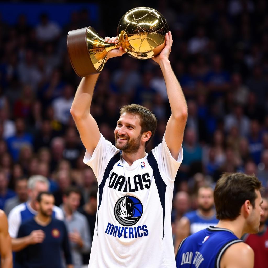 Dirk Nowitzki triumphantly hoists the NBA Championship trophy, draped in a celebratory Dallas Mavericks shirt