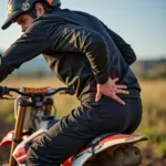 Dirt bike rider with a sore back demonstrating the need for a better seat cushion