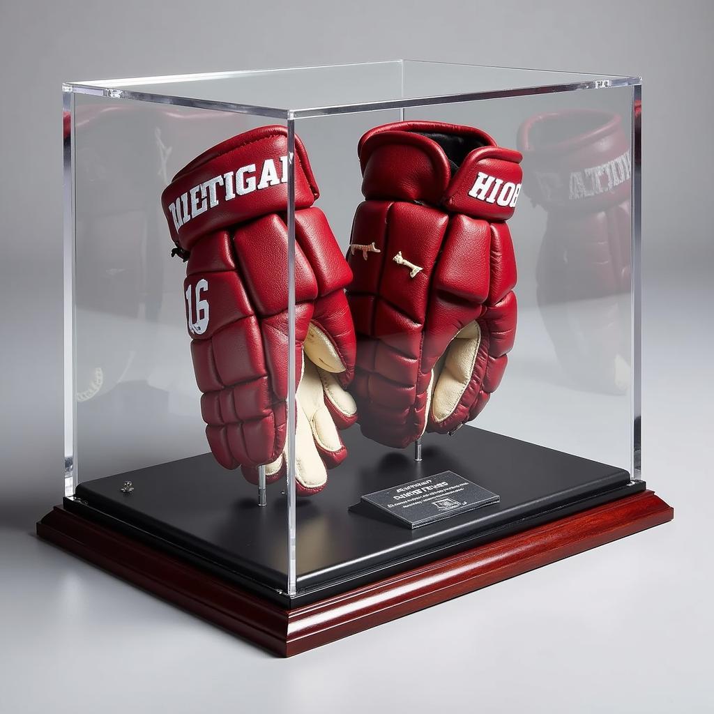 Protective display case suitable for showcasing game used NHL gloves