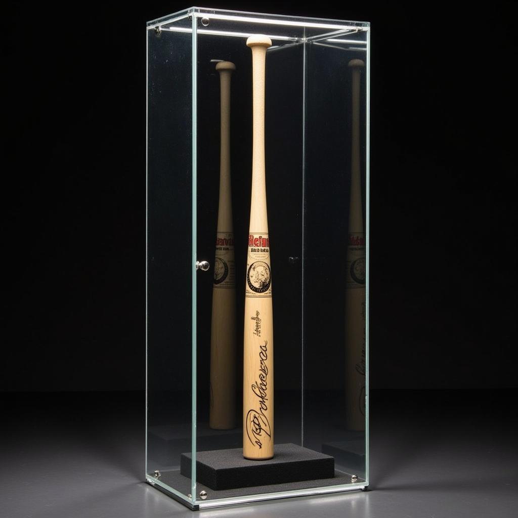 A display case showcasing an autographed Miguel Cabrera bat