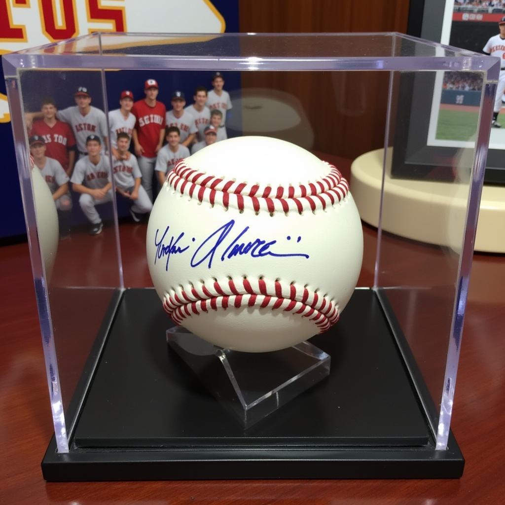 A Yordan Alvarez signed baseball showcased in a protective UV-resistant display case, alongside other Houston Astros memorabilia.